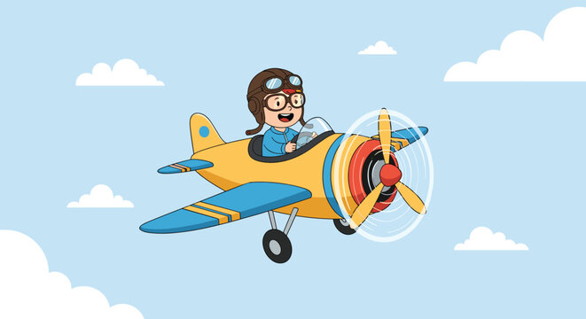 A cheerful cartoon child in an aviator helmet and goggles joyfully flies a vibrant yellow and blue biplane through a clear blue sky with white clouds.