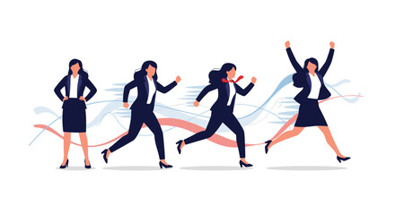 A sequence of a businesswoman's journey from confident stand to triumphant leap, symbolizing progress, success, and achievement in her career.