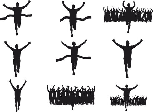 Runner crossing finish line silhouette with cheering crowd, marathon race success concept, sports competition celebration illustration, victory achievement vector design