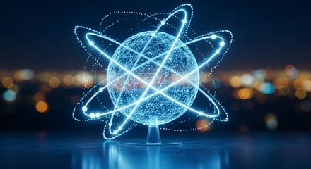 A glowing blue atom model featuring circular orbits, set against a blurred cityscape backdrop at night. This symbolizes science, technology, and futuristic innovation.