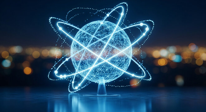 A glowing blue atom model featuring circular orbits, set against a blurred cityscape backdrop at night. This symbolizes science, technology, and futuristic innovation. - Powered by Adobe