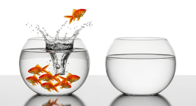 A golden fish leaping from a full water bowl to an empty bowl, capturing a conceptual representation of independence on bright white background, idea of movement.