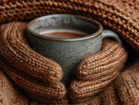 Cozy hands clad in knitted mittens warmly embrace a steaming cup of hot chocolate against a matching knitted sweater background, providing comfort.