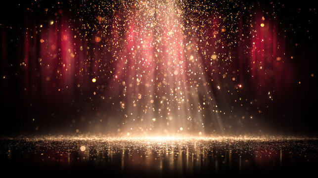 Golden glitter particles cascade down in shafts of light, illuminating a reflective surface against a deep red and black background for a magical effect.