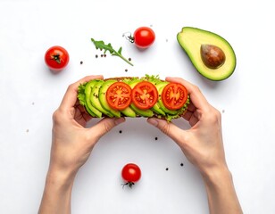 Overhead shot of hands holding a toast topped with avocado and tomatoes