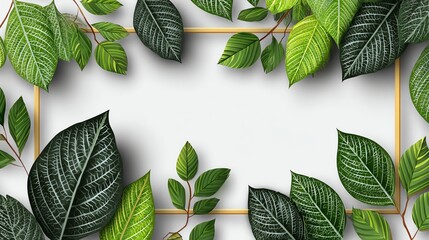 A vibrant collection of green leaves creates a natural frame on a blank canvas. The intricate designs and varying shades of green highlight the beauty of nature.