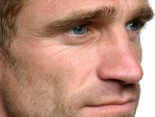 Fototapeta premium Close up view of a middle aged man's face showing skin texture, wrinkles, and piercing blue eyes against a bright white background detail.