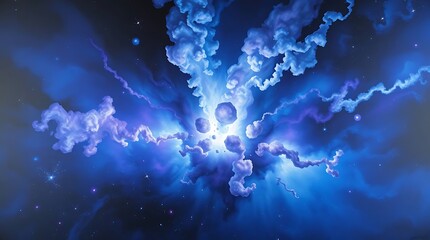 Ultra-realistic painting of a nebula explosion, swirling cosmic dust, vibrant blues and purples, deep space, high detail, epic scale