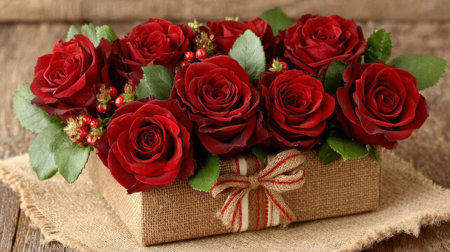 Beautiful bouquet of vibrant red roses arranged with green leaves in a rustic gift box wrapped with a striped ribbon on a wooden background