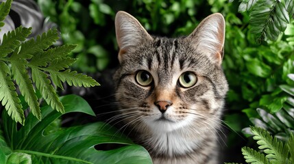 A curious tabby cat with striking green eyes peeks through lush green leaves, creating a tranquil and captivating ambiance in a natural setting.