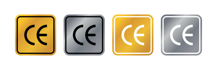 CE Mark Icon Set, European Conformity Certification Symbols, Metallic Compliance Badges and Product Safety Logos