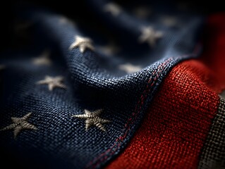 An abstract close up photograph of a waving American flag shows deep blue colors with white stars and hints of the red stripes in the background.