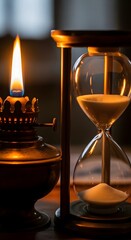 A close-up of an antique oil lamp with a lit flame next to an hourglass filled with sand, symbolizing the passage of time and historical illumination