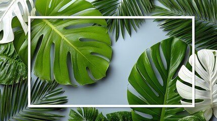 Obraz premium A beautiful arrangement of vibrant green monstera leaves and white foliage against a soft blue background, perfect for conveying freshness, nature, and tropical vibes.