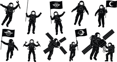 Astronaut silhouette set, space mission icons, black vector designs, flag holding poses, satellite interaction, cosmic exploration, tool usage graphics
