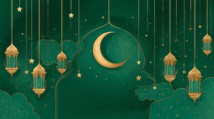 Festive ramadan kareem celebration with golden crescent moon, hanging lanterns, and sparkling stars on a vibrant green background