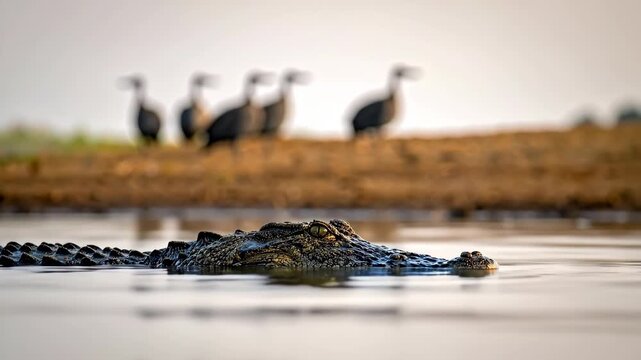 Crocodile Lurking in Water with Birds in Background, Wildlife Scene.