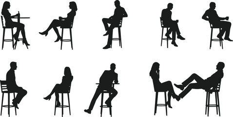 Bar stool silhouettes, people sitting vector, social interaction poses, man woman conversation icon, body language graphic, casual seating design