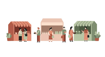 Flat illustration of people shopping and selling at colorful market stalls with awnings on a white background.