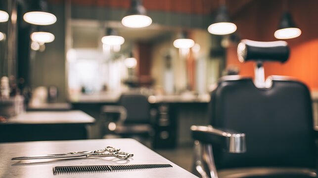 Barber tools on table, scissors and comb with metallic sheen, in vintage-styled barbershop with chairs and lights, close-up, copy space
