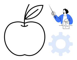 Black outline of an apple, teacher with pointer holding paper, and gear. Ideal for education, productivity, creativity, innovation, teaching learning problem-solving. Simple flat metaphor