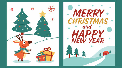 Merry christmas and happy new year greeting card with reindeer christmas tree and gifts vector illustration