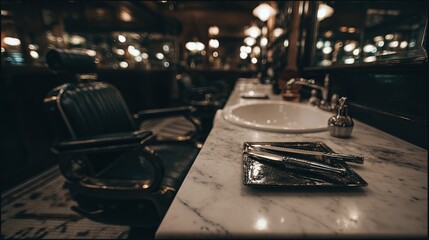 Barber tools on marble counter, straight razor in metallic tray, by vintage leather chair in upscale barbershop, close-up, copy space