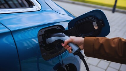 A hand plugs a charger into a modern metallic blue electric car, a sustainable transport concept for home EV charging.