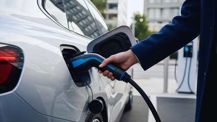 A professional businessman connects an EV charger to a modern white car, a concept for sustainable urban mobility and charging infrastructure.