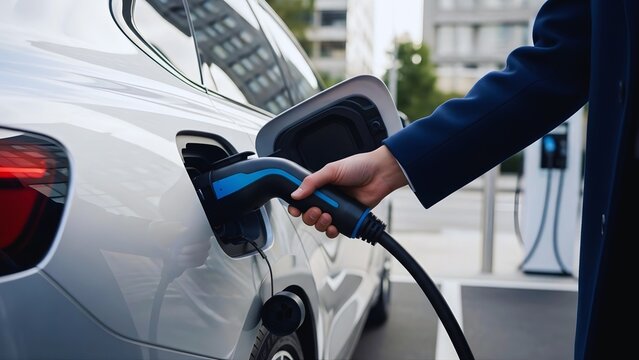 A professional businessman connects an EV charger to a modern white car, a concept for sustainable urban mobility and charging infrastructure.