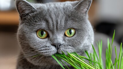 A charming gray cat with striking green eyes munches on fresh grass, showcasing its playful nature and love for greenery. The image captures a moment of joy and curiosity.
