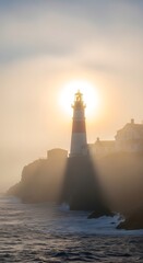 A lighthouse standing tall on a rocky coastline during sunset with the sun perfectly aligned behind the structure creating a dramatic silhouette and warm glow in the sky