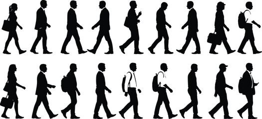 Walking people silhouettes, urban pedestrians, business and casual attire, diverse commuter profiles, side view, vector illustration, isolated, black silhouettes, crowd movement