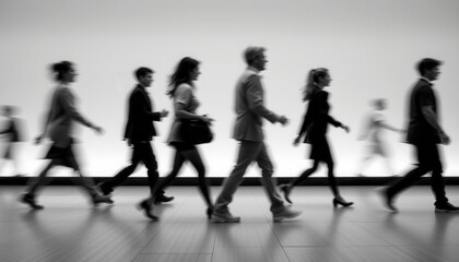 Naklejka premium People Walking Indoors in a Modern Space, Black and White Silhouette, Motion Blur, Stylish Attire
