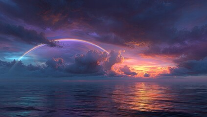 Ocean sunset reflects vibrant hues beneath a dramatic sky arc