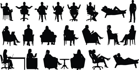Therapy session silhouettes, counseling interaction, psychologist and patient, mental health support, seated figures, professional consultation, emotional care, psychotherapy concept, 