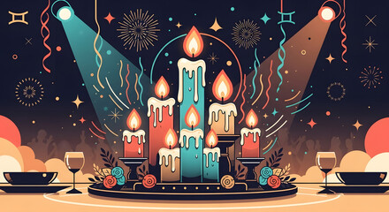 Elegant celebration with candles and fireworks creating a vibrant party atmosphere, perfect for festive designs and joyous occasions with friends