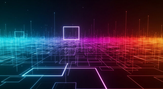 Abstract technology background featuring vibrant lines and geometric shapes in blue purple and red. The image creates a sense of digital connectivity and futuristic data transfer.