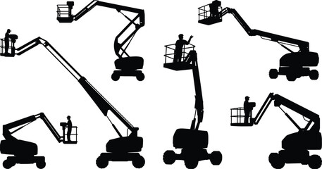 Boom Lift Silhouette Set, Operator in Basket, Construction Equipment Vector, Telescopic and Articulating Lifts, Industrial Machine Icons, Safety Design © Hasem Creative