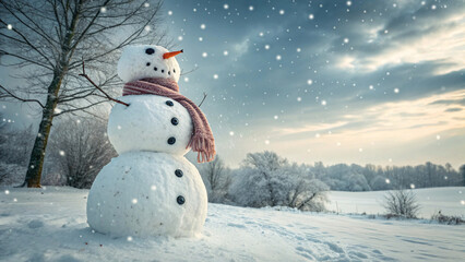 Fototapeta premium Classic snowman with pink scarf and carrot nose standing in snowy landscape during gentle snowfall at dusk.
