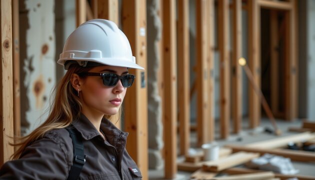 Confident Female Construction Worker in Safety Gear at Building Site with Wooden Framework Background