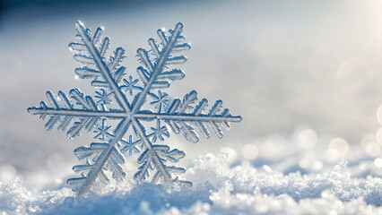 Macro shot of delicate ice crystal snowflake standing upright on glittering snow against soft blue gradient sky.