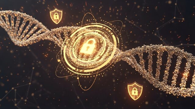 A glowing golden padlock and shield protecting a digital DNA helix, a futuristic concept for genetic data security, privacy, and biotechnology.
