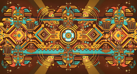 Vibrant ethnic pattern with masks and drums, perfect for cultural events or bold designs, rich colors and geometric shapes create a dynamic, eye-catching vibe