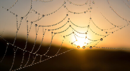 Macro Minimalist Dew Drops on Spiderweb Backlit by Sunrise with Golden Reflections