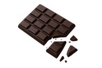 Dark chocolate bar broken in pieces with transparent background