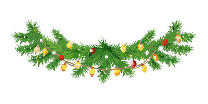 Christmas tree garlands on transparent background. Realistic pine-tree branches with glowing sparkling Christmas lights decoration. Vector border for holiday banners, party posters, cards, headers.