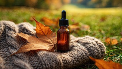 Brown bottle on knit with autumn leaf, bathed in soft sunlight