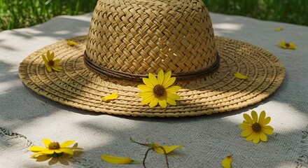 Close-up of Woven Straw Sun Hat with Yellow Flowers on Picnic Blanket
