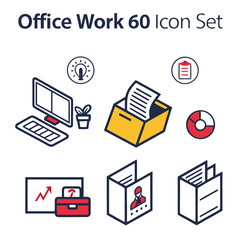 Office Work Icon Set With Computer and Documents monitor